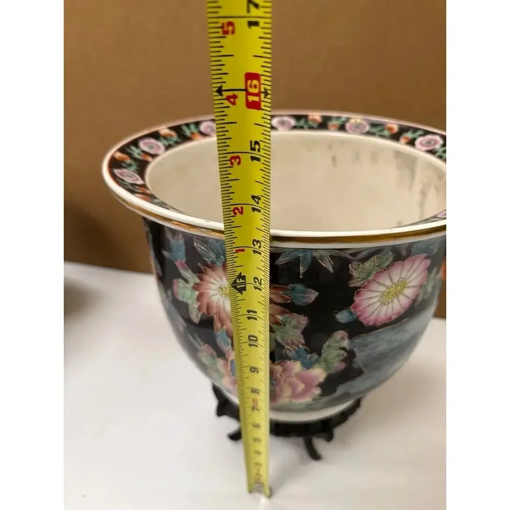 Vintage Chinese Enamel Famille Rose Koi Planter Cachepot Flowers Black Flowers